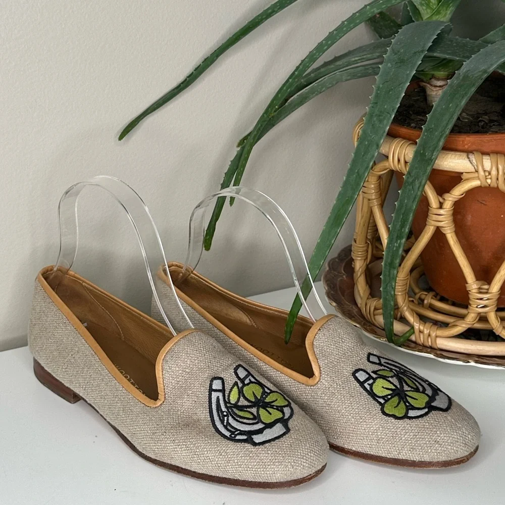 Stubbs & Wootton Lucky Clover Loafers Embroidered Linen Smoking Slippers 7.5 - Picture 2 of 13